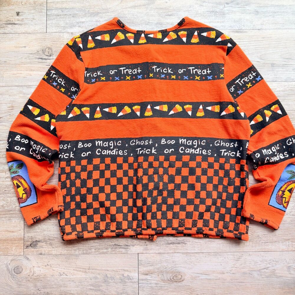 Vintage Halloween Sweater Cardigan Medium Pumpkin Candy Corn Trick or Treat 90s - Picture 2 of 12